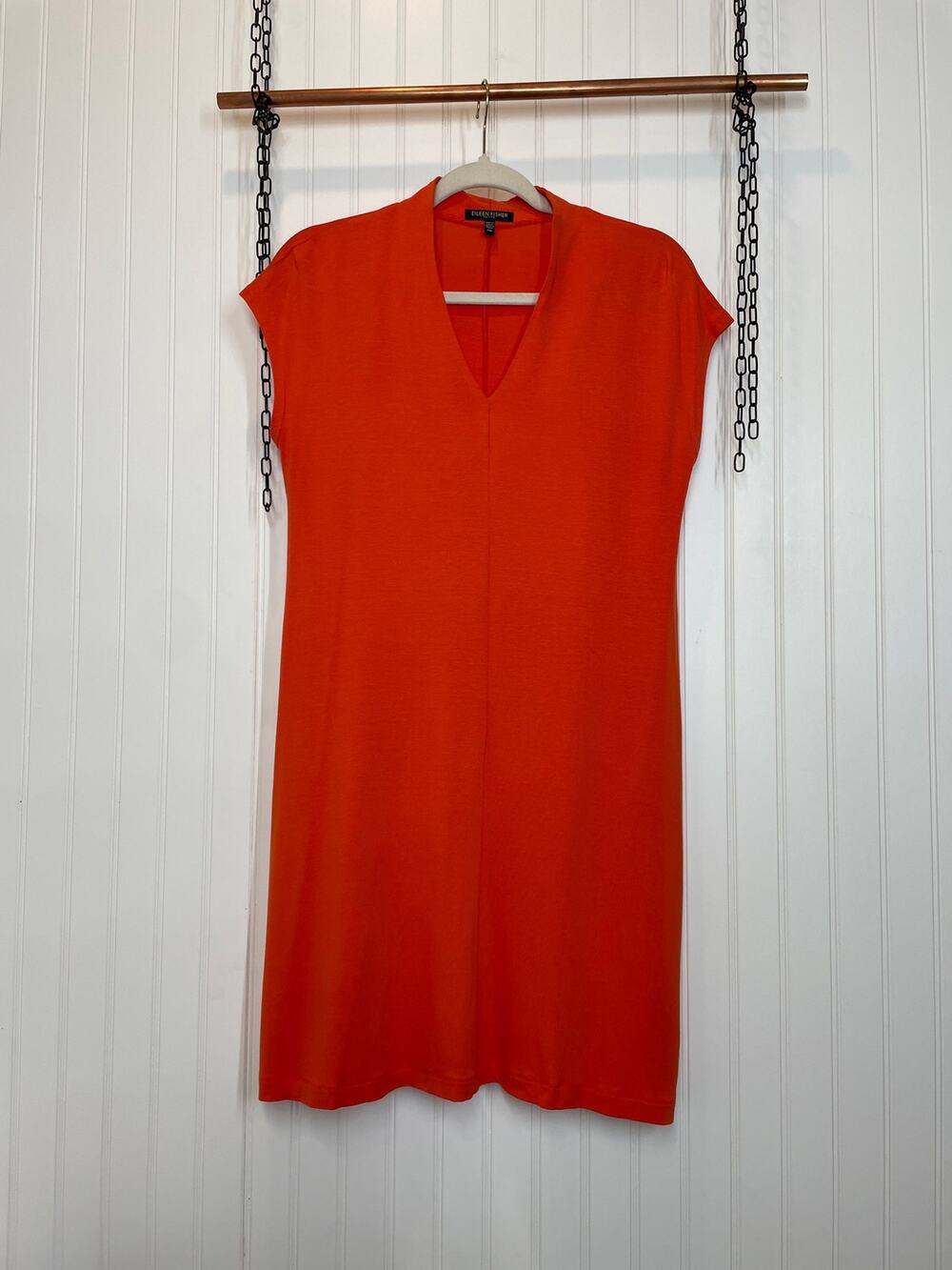Eileen Fisher Women’s Orange V-Neck Cap Sleeve Mini Shift Dress Size MP